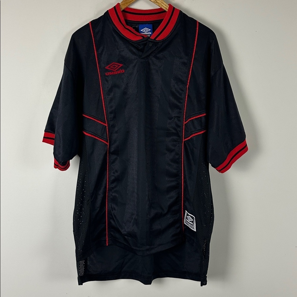 Umbro Vintage 80s Black Soccer Jersey with Red Trim - Size Large